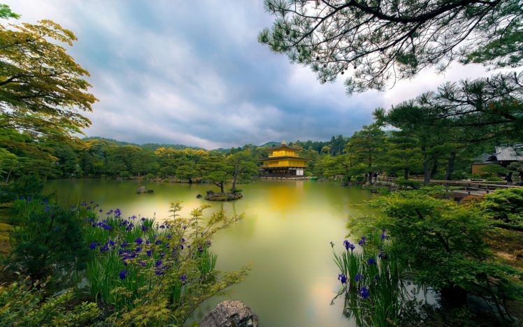 golden, Pavilion, Kyoto, Japan, Lake, Trees, Flowers, Park, Church HD Wallpaper Desktop Background