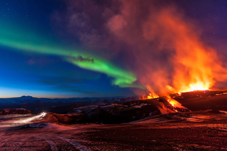 iceland, Mountains, Volcanic, Eruption, Northern, Lights, Volcano HD Wallpaper Desktop Background