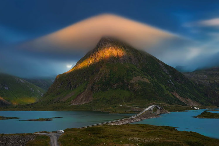 landscape, Mountain, Cloud, River, Bridge, Road, Lofoten, Islands, Norway HD Wallpaper Desktop Background