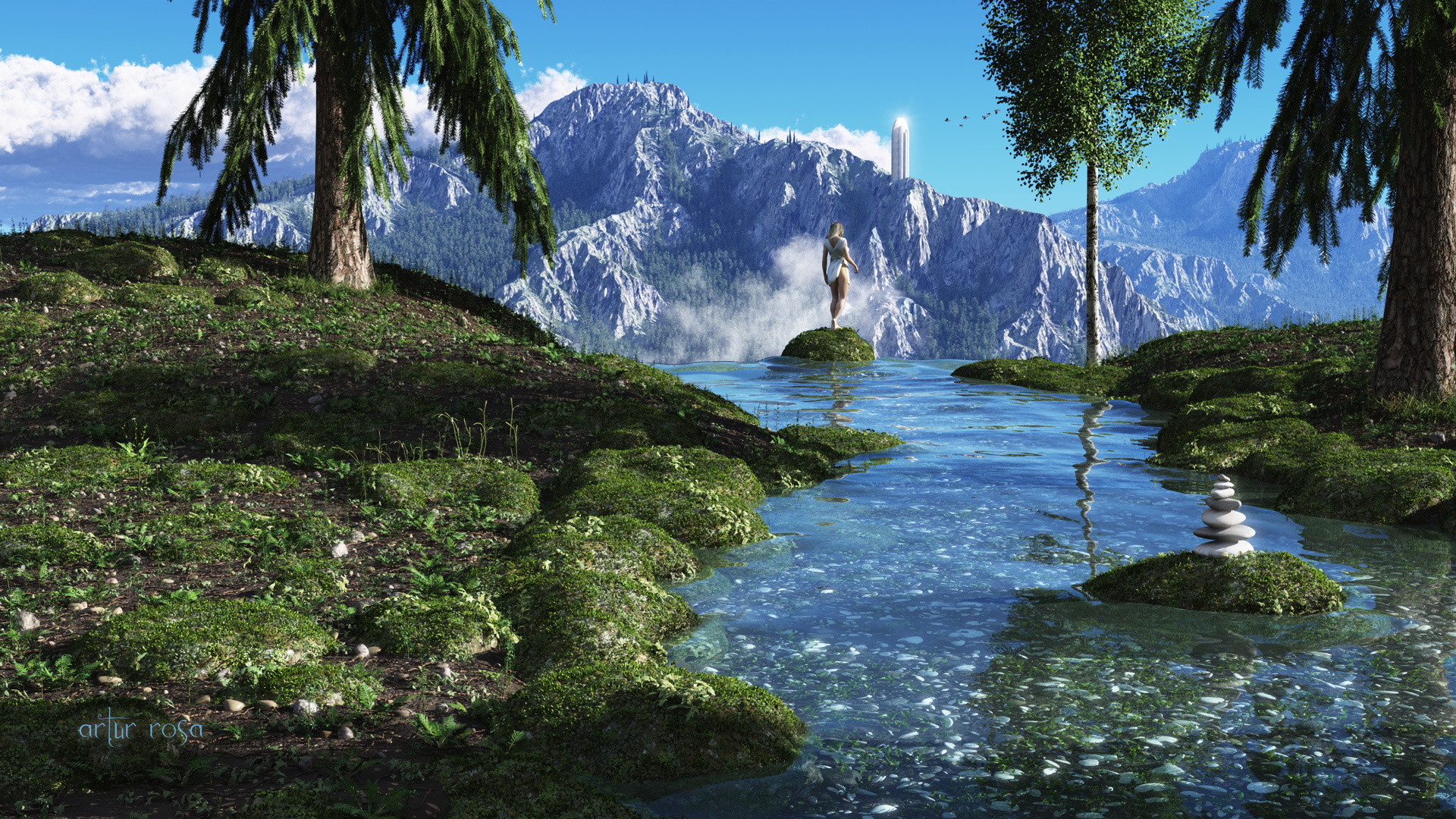 rivers, Mountains, Fantastic, World, Grass, 3d, Graphics, Nature, Fantasy Wallpaper