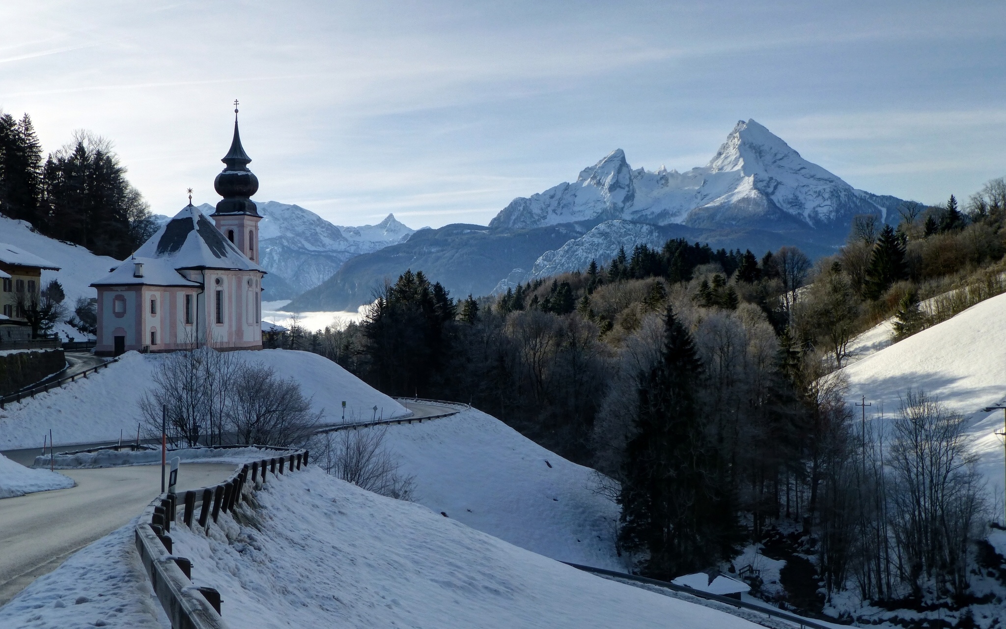 berchtesgaden, Bavaria, Germany, Bavarian, Alps, Mount, Watzmann, Winter, Road, Forest, Landscape, Mountains, Alps, Church Wallpaper