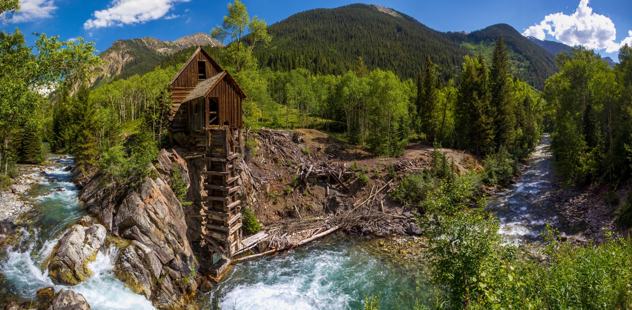 crystal, Colorado, A, Water, Mill, River, Forest, Trees, Mountains, Panorama Wallpaper