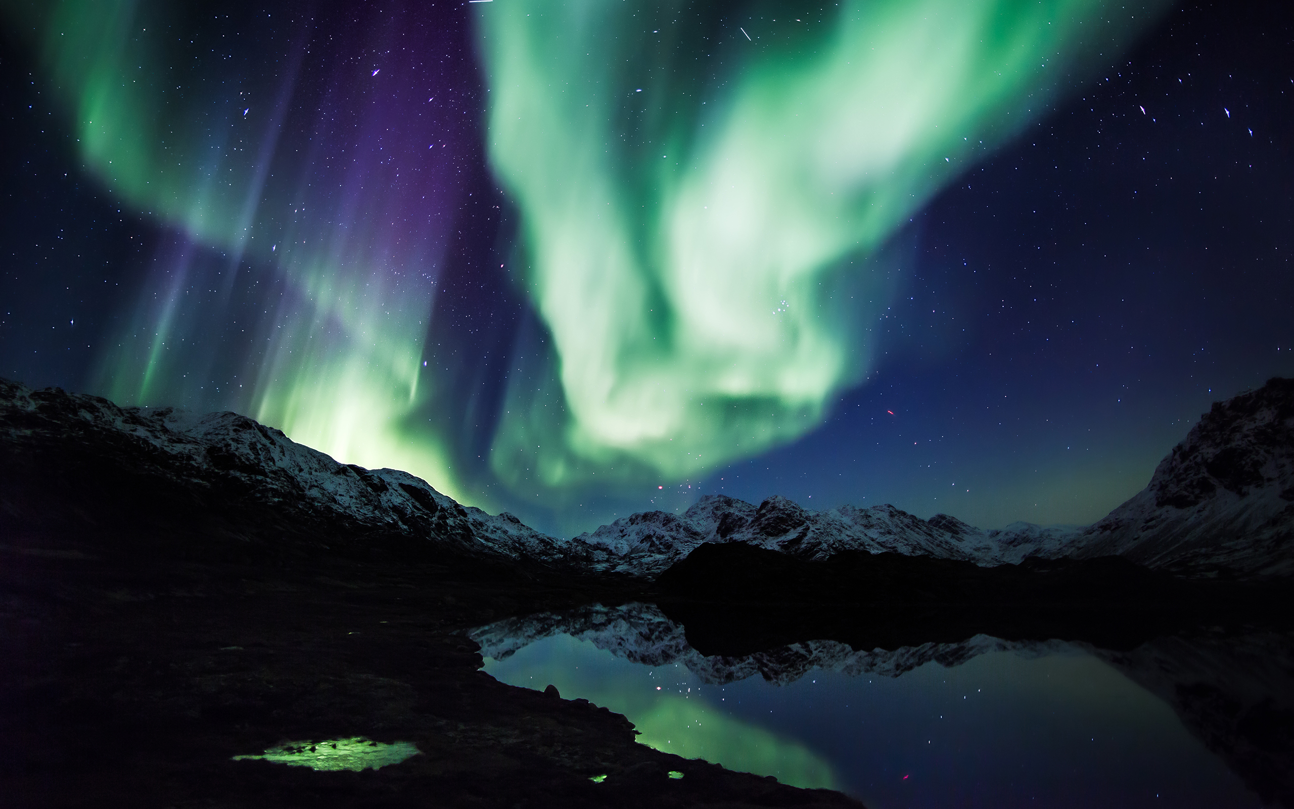 Aurora Borealis Northern Lights Night Green Stars Mountains Landscape Lake Reflection