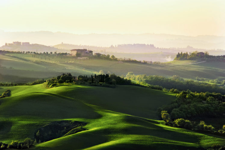 hills, Fields, Trees, Houses, Italy, Tuscany, Morning, Dawn, Haze HD Wallpaper Desktop Background