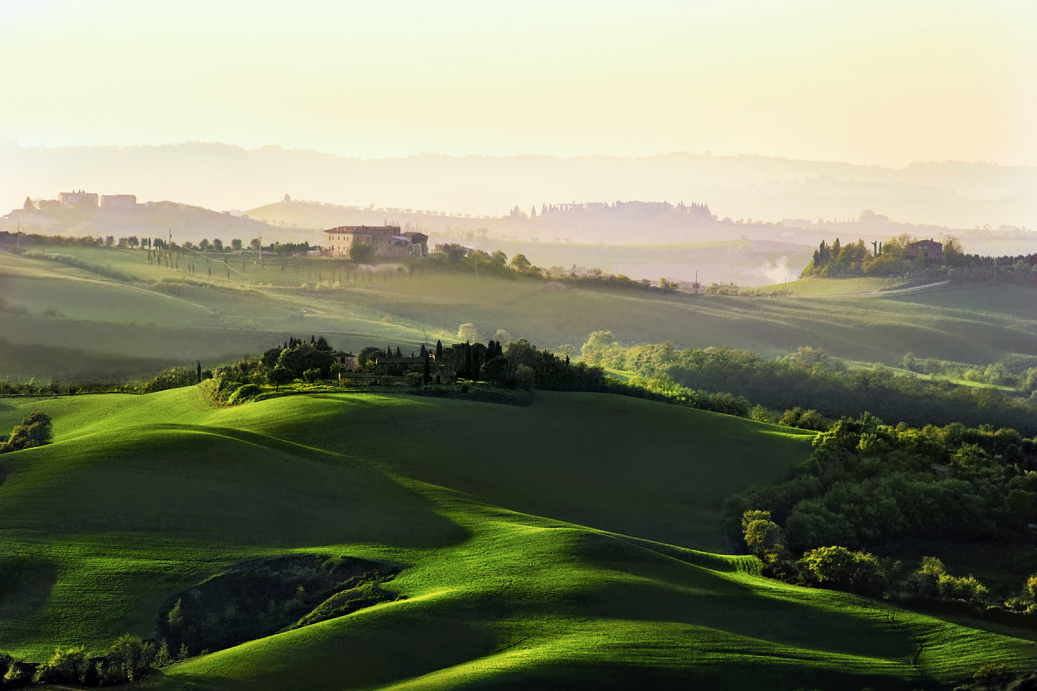 hills, Fields, Trees, Houses, Italy, Tuscany, Morning, Dawn, Haze Wallpaper