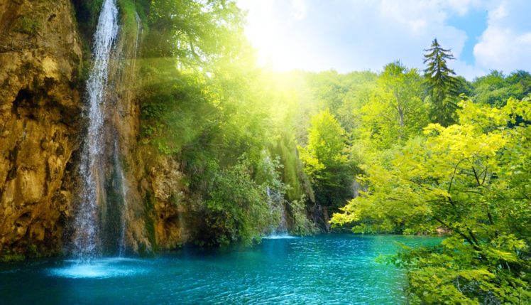 waterfall, Sea, Lake, Deep, Forest, Trees, Sky, Clouds, Landscape, Nature HD Wallpaper Desktop Background