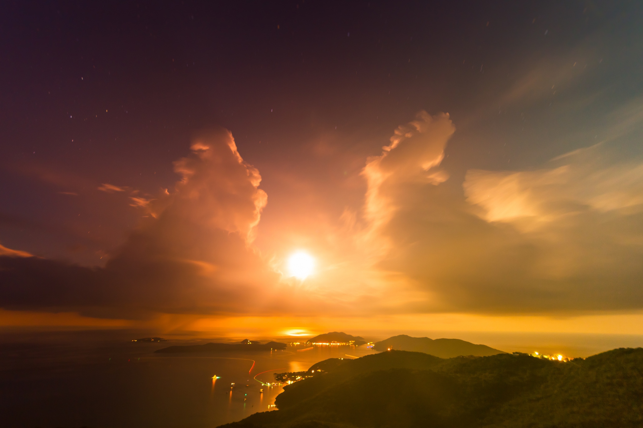 mountains, Bay, Islands, Sun, Clouds, Evening, Sunset, Lights, Sky Wallpaper