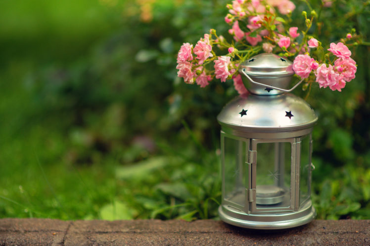 lantern, Flashlight, Candle, Flowers, Pink, Grass, Green, Blur, Bokeh HD Wallpaper Desktop Background