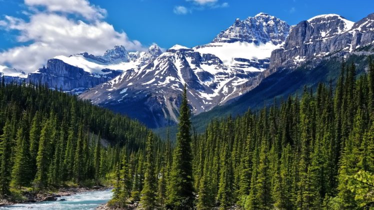 green, Water, Mountains, Clouds, Landscapes, Nature, Snow, Trees, White, Forests, Canada, Alberta, Rivers, National, Park, Light, Blue, Canadian, Rockies HD Wallpaper Desktop Background