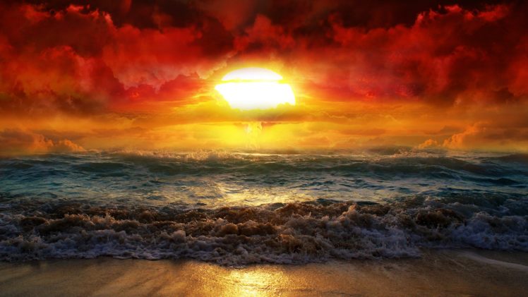 water, Landscapes, Nature, Sun, Waves, Artwork, Nuclear, Explosions, Sea, Beaches HD Wallpaper Desktop Background