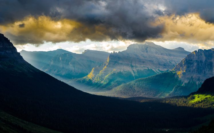 mountains, Clouds, Landscapes, Nature, Forest, Hills, Valley, Usa, Glacier, Sunlight, Montana, Logan, Pass HD Wallpaper Desktop Background