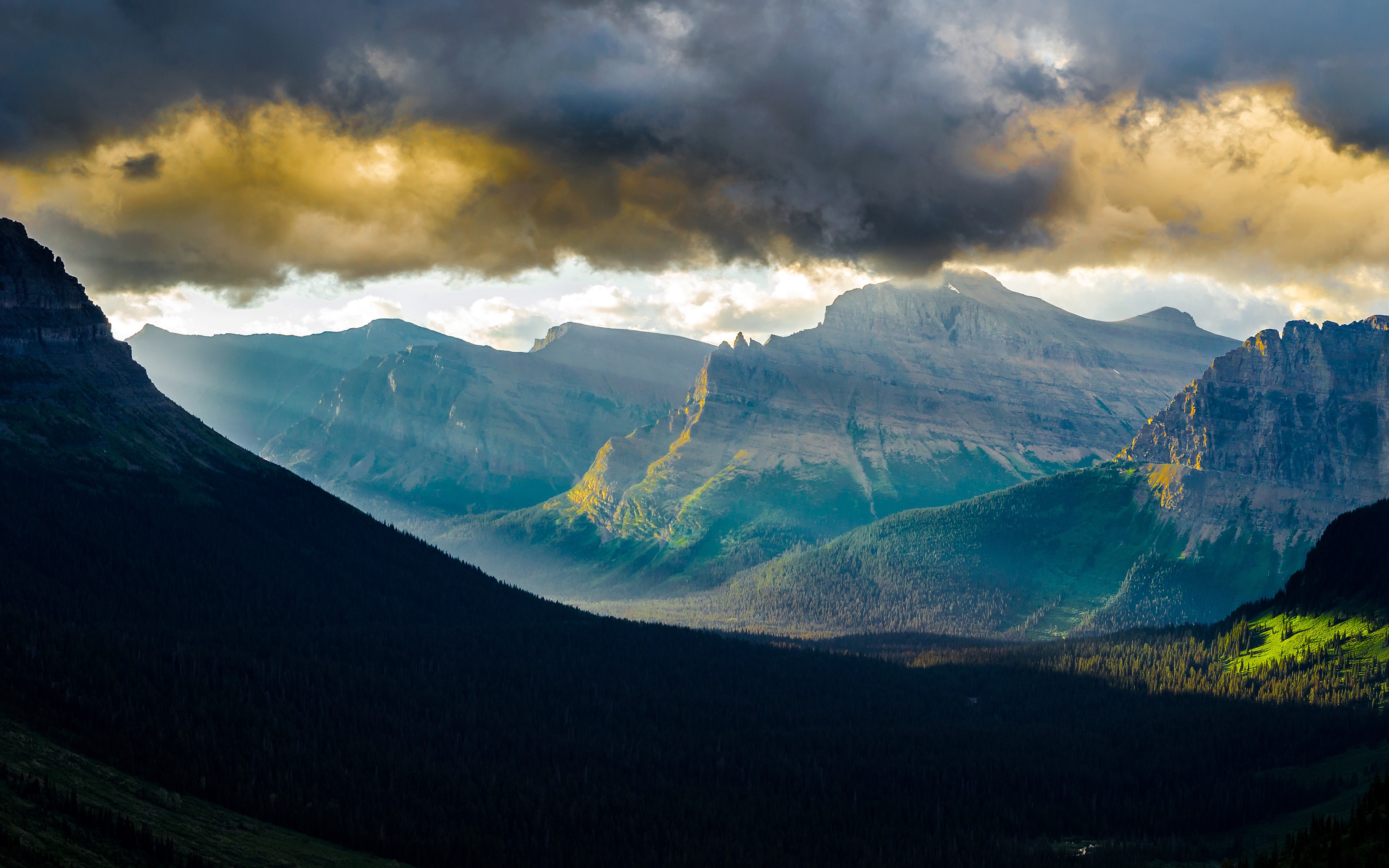 mountains, Clouds, Landscapes, Nature, Forest, Hills, Valley, Usa, Glacier, Sunlight, Montana, Logan, Pass Wallpaper