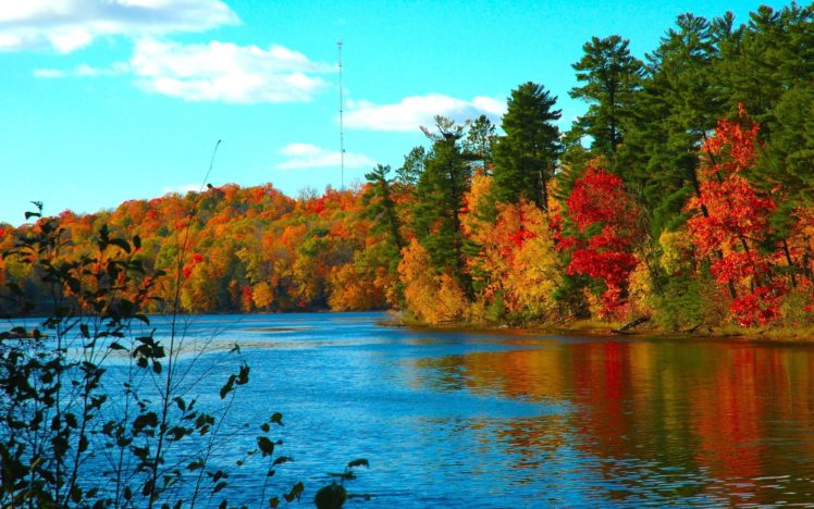 water, Clouds, Autumn,  season , Multicolor, Forest, Rivers, Reflections HD Wallpaper Desktop Background