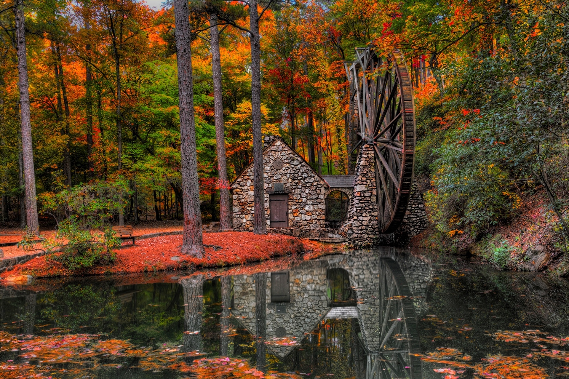 autumn, Trees, Mill, Walk, Park, Alley, Water, Mill, Forest, Leaves, Reflection Wallpaper