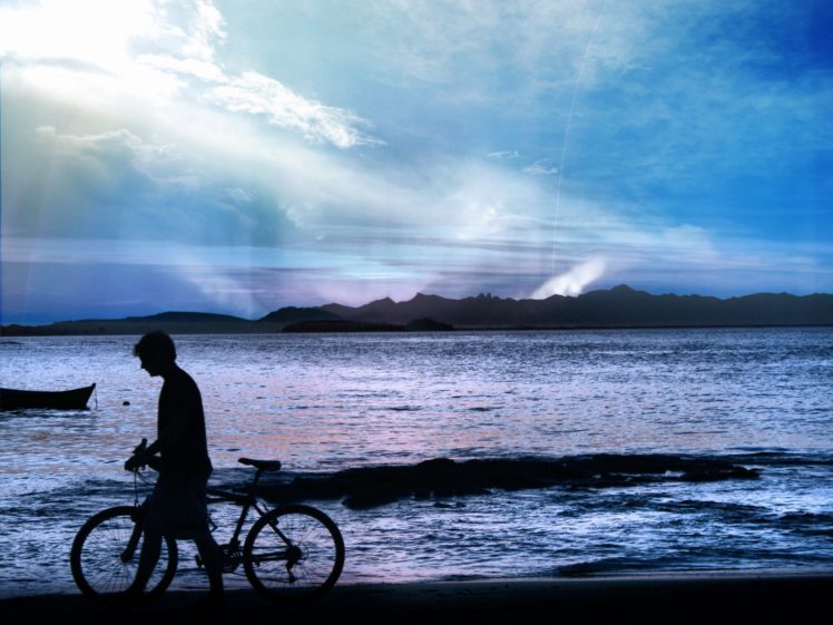 bicycles, Aurora, Borealis, Children, Sea HD Wallpaper Desktop Background