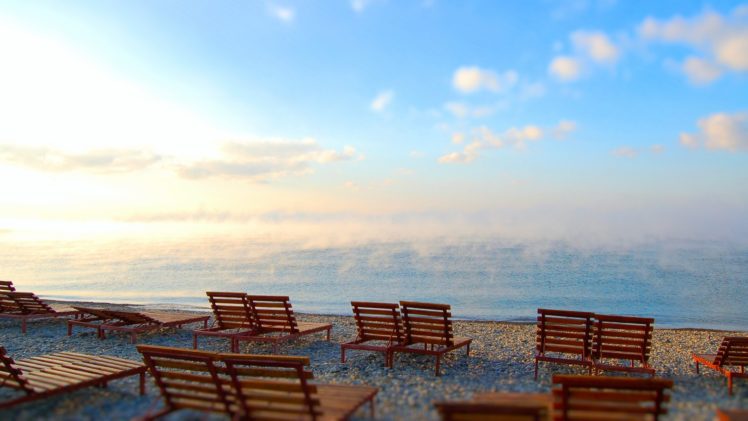 sun, Beach, Seas, Fog, Chairs, Blue, Skies HD Wallpaper Desktop Background