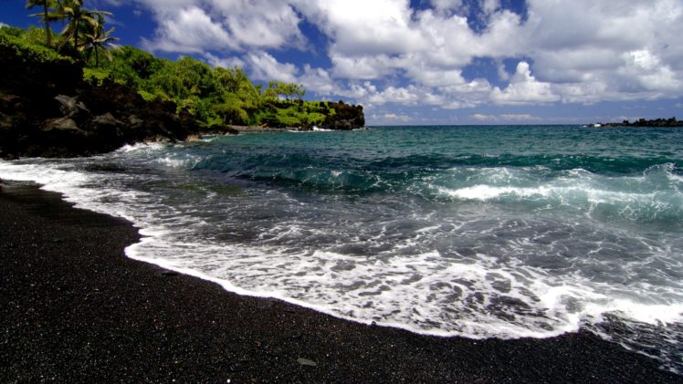 waves, Hawaii, Black, Sand, Beaches HD Wallpaper Desktop Background