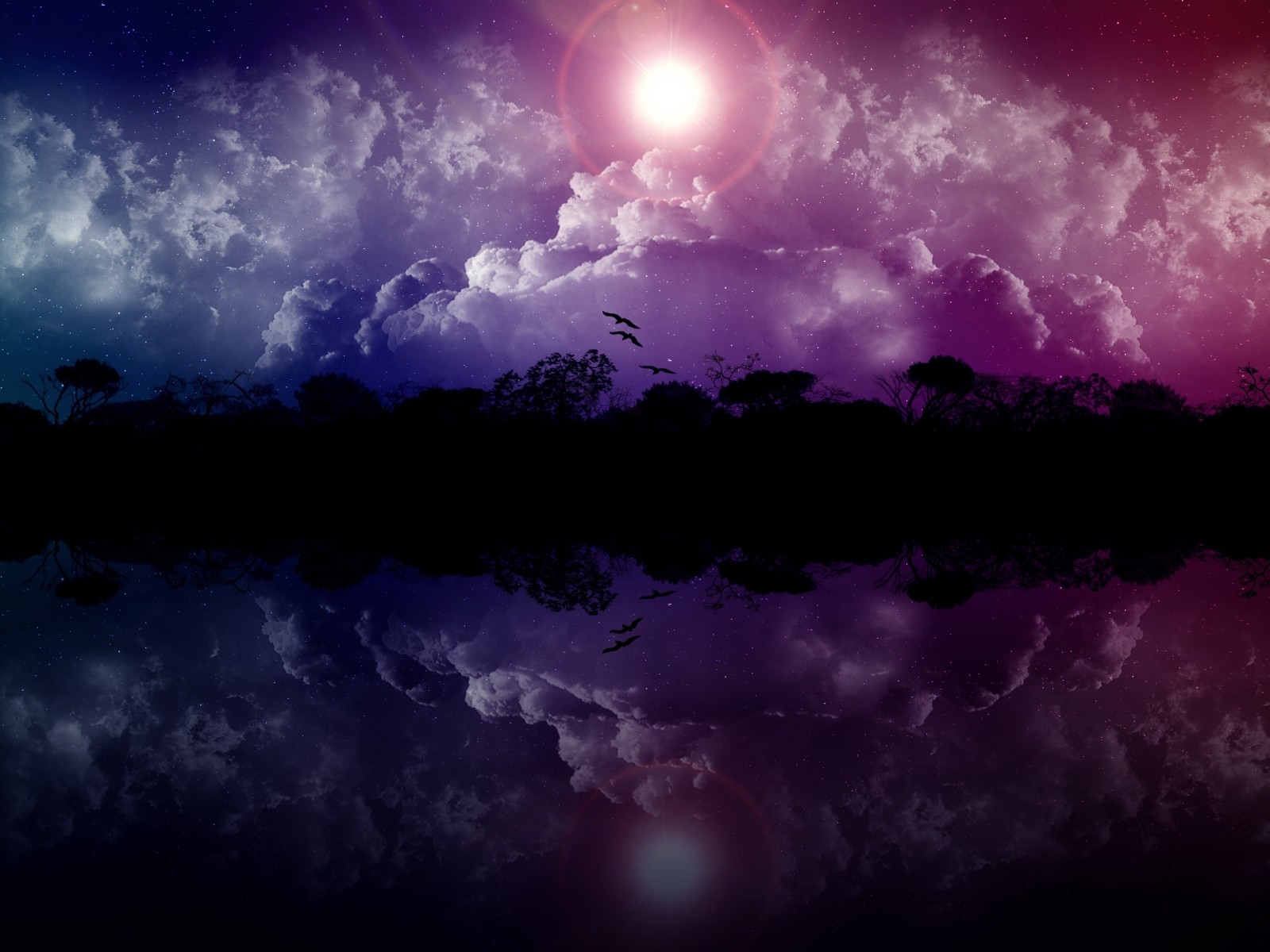 clouds, Landscapes, Trees, Stars, Birds, Falling, Down, Skyscapes, Reflections, Photo, Manipulation Wallpaper