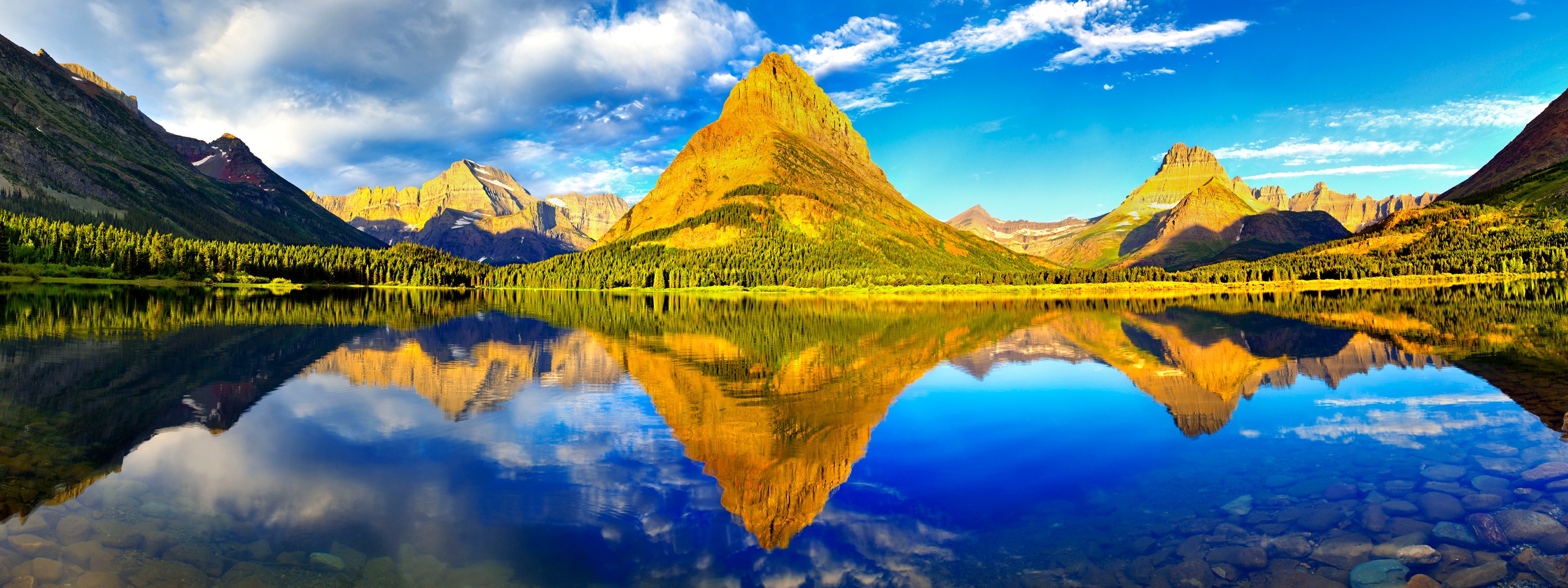 green, Mountains, Clouds, Trees, Peaks, Panorama, Lakes, Reflections Wallpaper