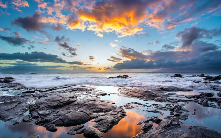 sunset, Clouds, Landscapes, Nature, Coast, Waves, Rocks, Hawaii, Usa, Hdr, Photography, Reflections, Sea HD Wallpaper Desktop Background