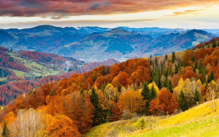 sunset, Sky, Winter, Mountains, Beautiful, Trees, Landscape, Clouds, Autumn HD Wallpaper Desktop Background