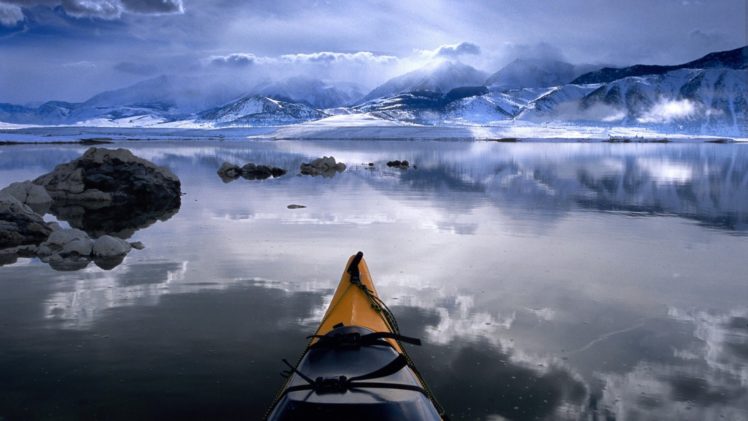 water, Clouds, Nature, Winter, California, Boats, Kayak, Reflections, Mono, Lake HD Wallpaper Desktop Background
