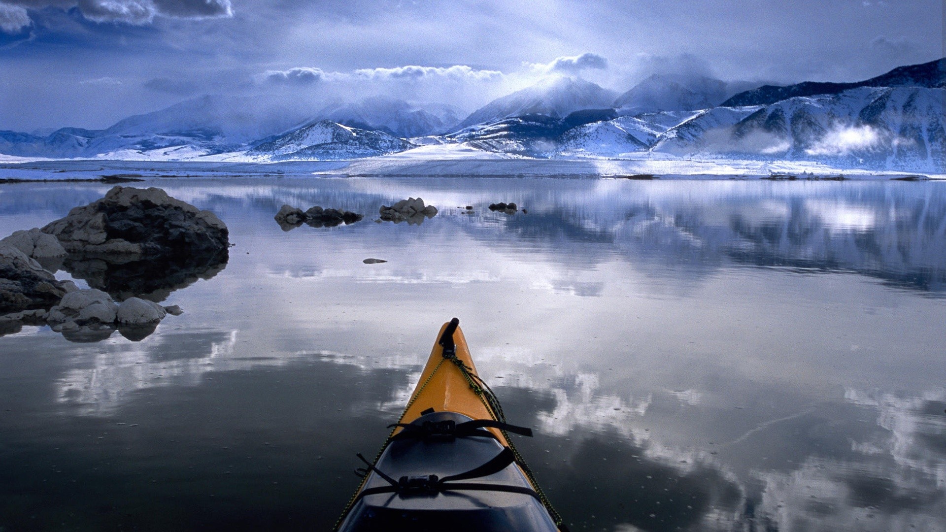 water, Clouds, Nature, Winter, California, Boats, Kayak, Reflections, Mono, Lake Wallpaper