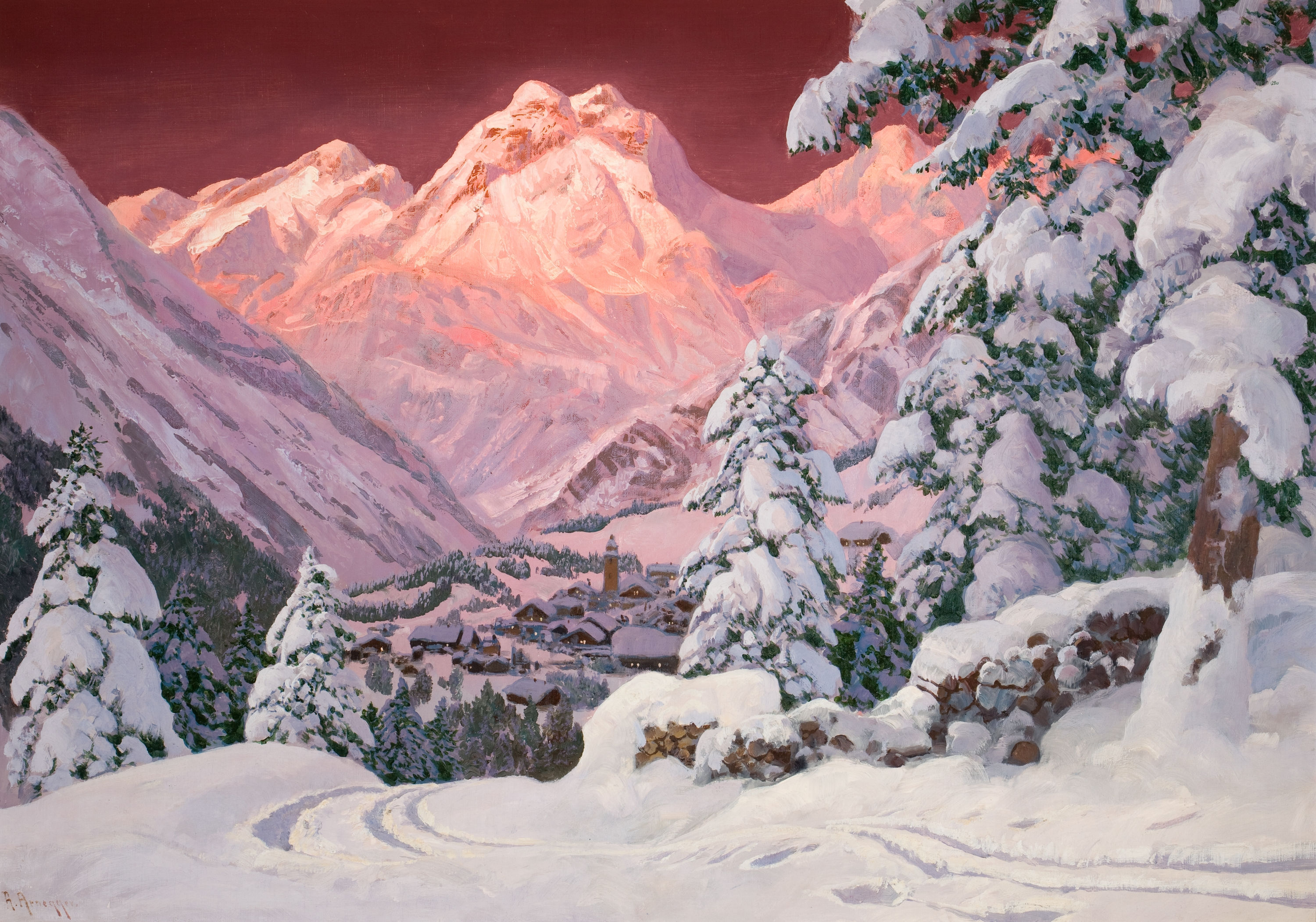 alois, Arnegger, , Winter, The, Alps, Snow, Sunset, Pink, Mountains, Tree, House, Painting Wallpaper