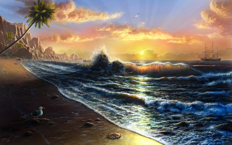 sunset, Sunrise, Blue, Nature, Sun, Yellow, Animals, Room, Ships, Seagulls, Tahiti, Beaches HD Wallpaper Desktop Background