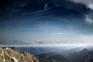 manipulations, Sci fi, Cg, Digital art, Landscapes, Mountains, Skies, Clouds, Dreamy, Planets, Moons, Scenic, Alien landscapes