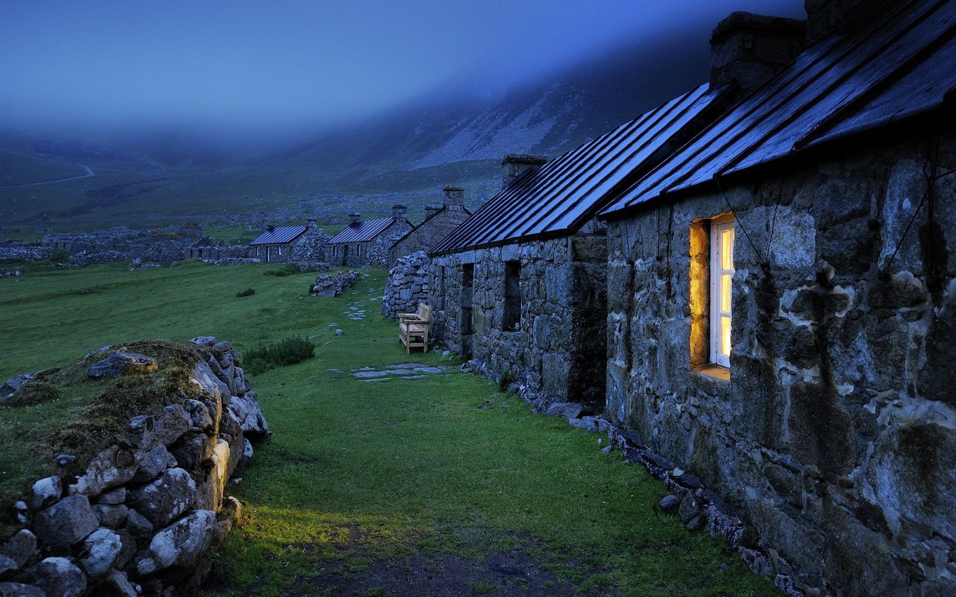 landscapes, Houses, Rocks, Mist, Scotland, Window, Panes, Stone, Houses Wallpaper