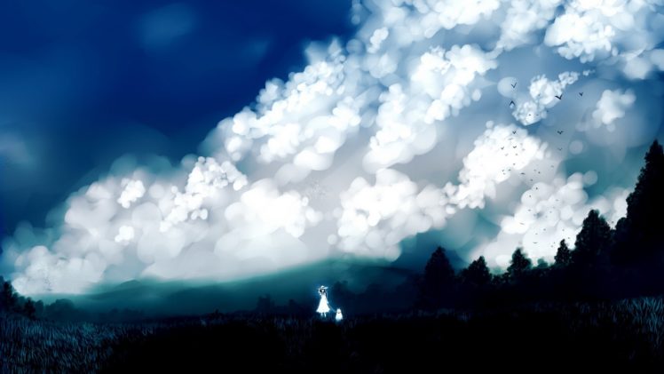 clouds, Landscapes, Nature, Trees, Dress, Forests, Birds, Grass, Dogs, Long, Hair, Outdoors, Scenic, White, Dress, Skyscapes, Hats, Anime, Girls, Black, Hair, Skies, Original, Characters HD Wallpaper Desktop Background