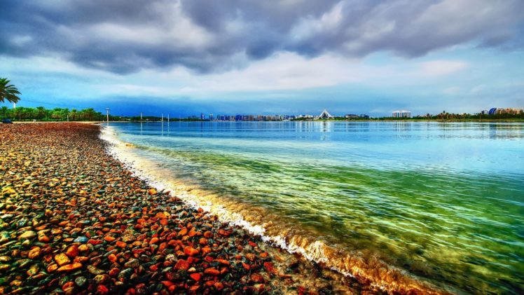 hdr, Lakes, Water, Shoreline, Coastline, Pebbles, Rocks, Clouds, Skies, Waves HD Wallpaper Desktop Background