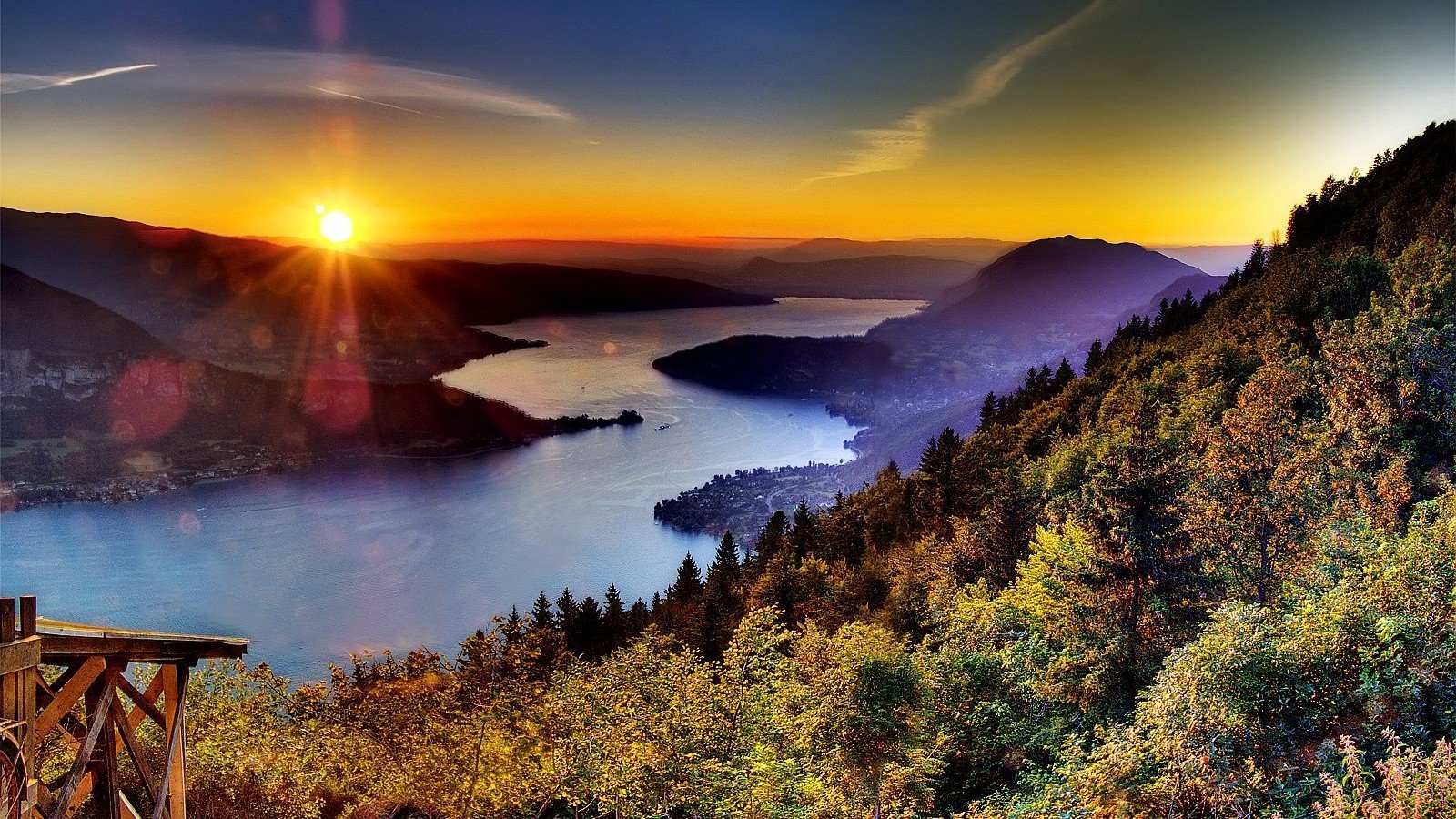 green, Water, Sunset, Blue, Landscapes, Nature, Trees, Red, Yellow, Forests, France, Lakes, Alps, Annecy, Cities Wallpaper