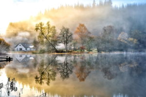 nature, Landscapes, Lakes, Water, Reflection, Glass, Shine, Fog, Mist, Haze, Autumn, Fall, Seasons, Hills, Trees, Forest, Sunrise, Morning, Shore, Pier, Dock, Architecture, Buildings, Houses, Scenic