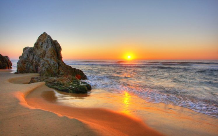 water, Sunset, Landscapes, Sand, Rocks, Beaches HD Wallpaper Desktop Background