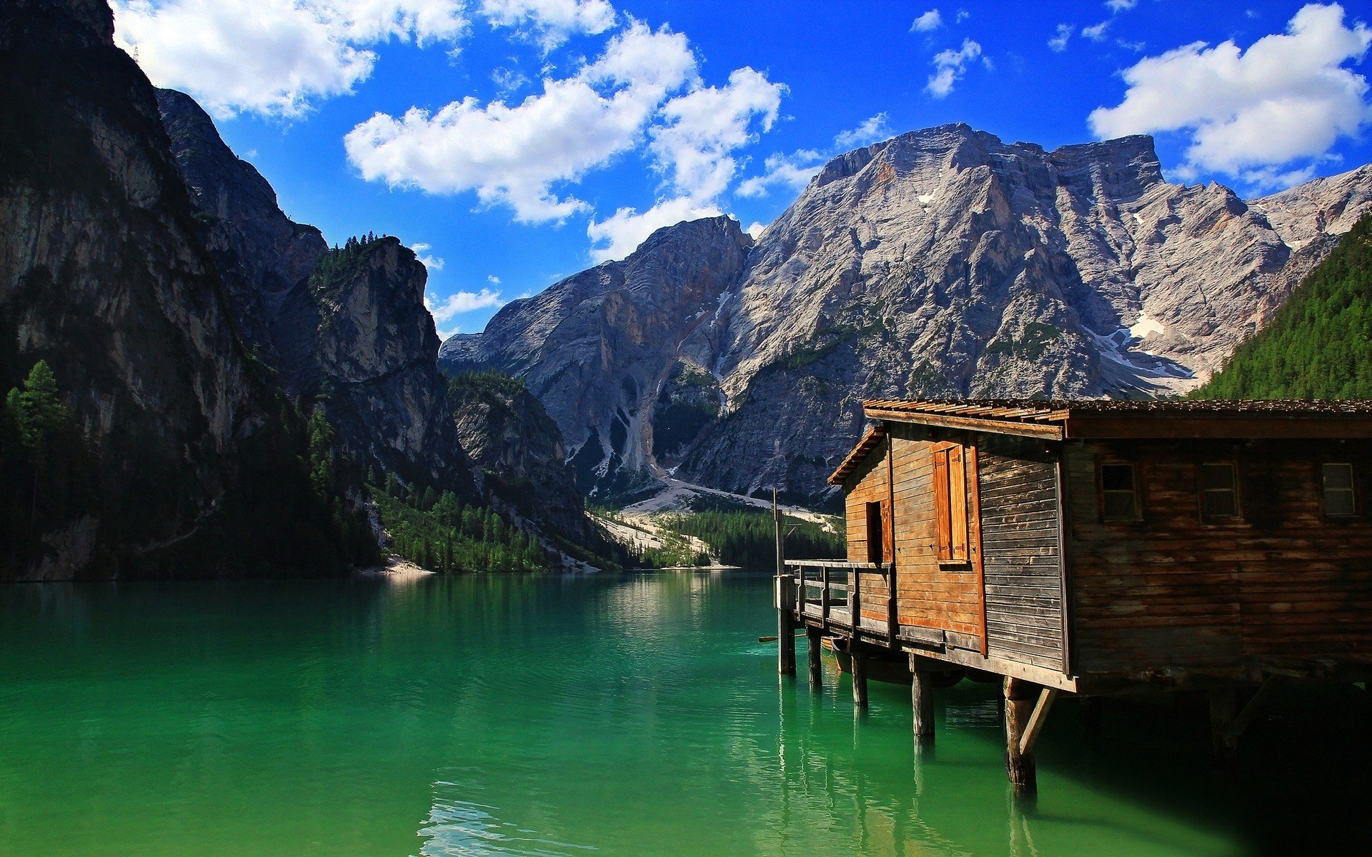 water, Mountains, Clouds, Landscapes, Nature, Cabin, Lakes, Blue, Skies Wallpaper