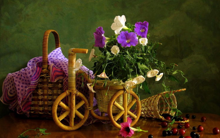 nature, Flowers, Petals, Still, Life, Country, Photography, Artistic, Berries, Basket, Fruit, Wood, Wheels, Bicycles, Decoration HD Wallpaper Desktop Background