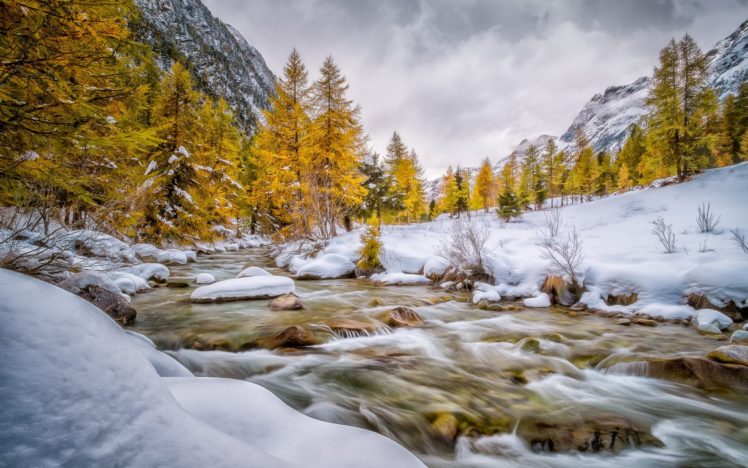 engadin, Schweiz, Val, Bever, Autumn, Winter, Snow, River, Mountain HD Wallpaper Desktop Background