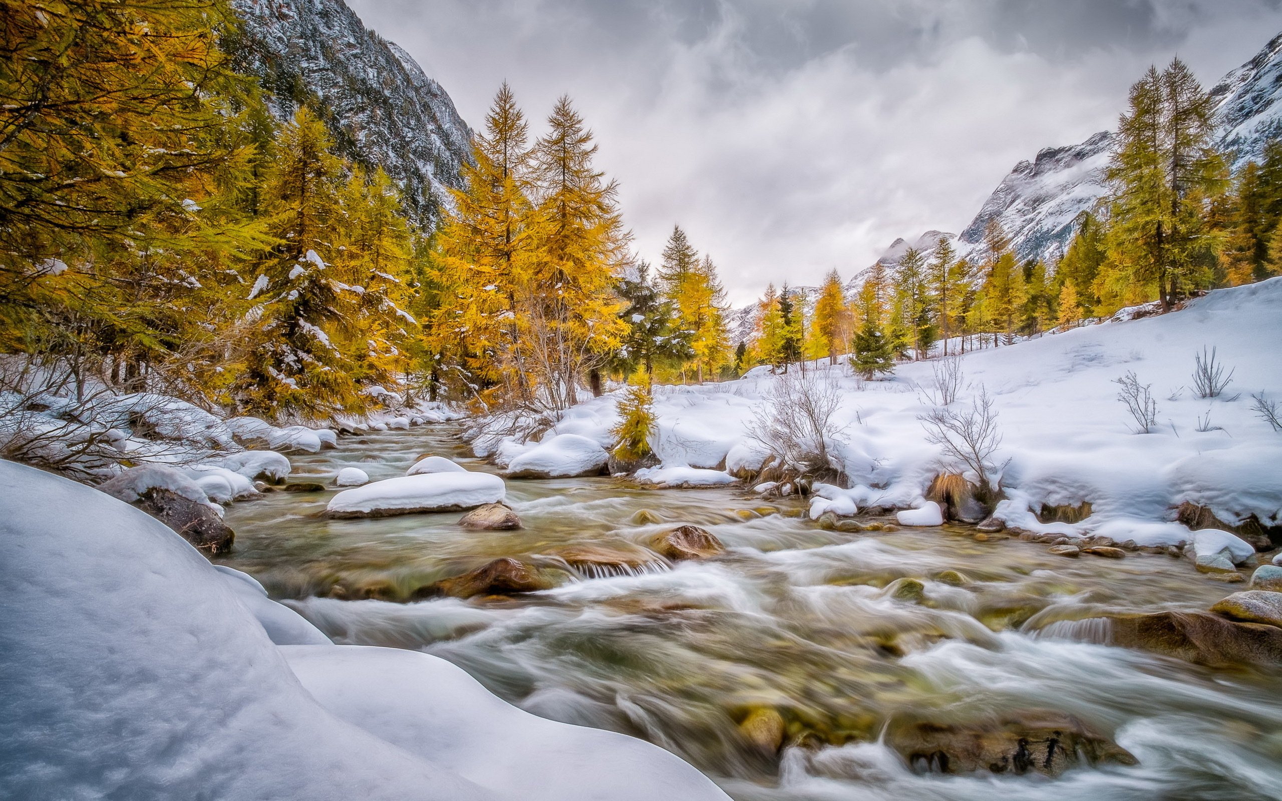 engadin, Schweiz, Val, Bever, Autumn, Winter, Snow, River, Mountain Wallpaper