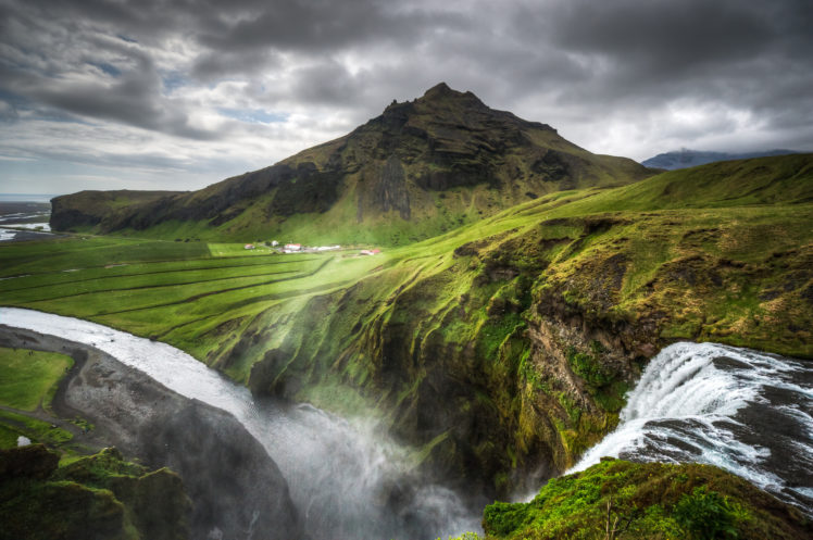 iceland, Nature, Landscapes, Hills, Mountains, Waterfalls, Grass, Rocks, Water, Rivers, Fog, Mist, Haze, Spray, Canyon, Sky, Clouds, Hdr, Scenic, View, Drops, Plants HD Wallpaper Desktop Background