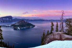 water, Landscapes, Snow, Trees, Oregon, Panorama, Snow, Landscapes, Crater, Lake, Emerald, Bay