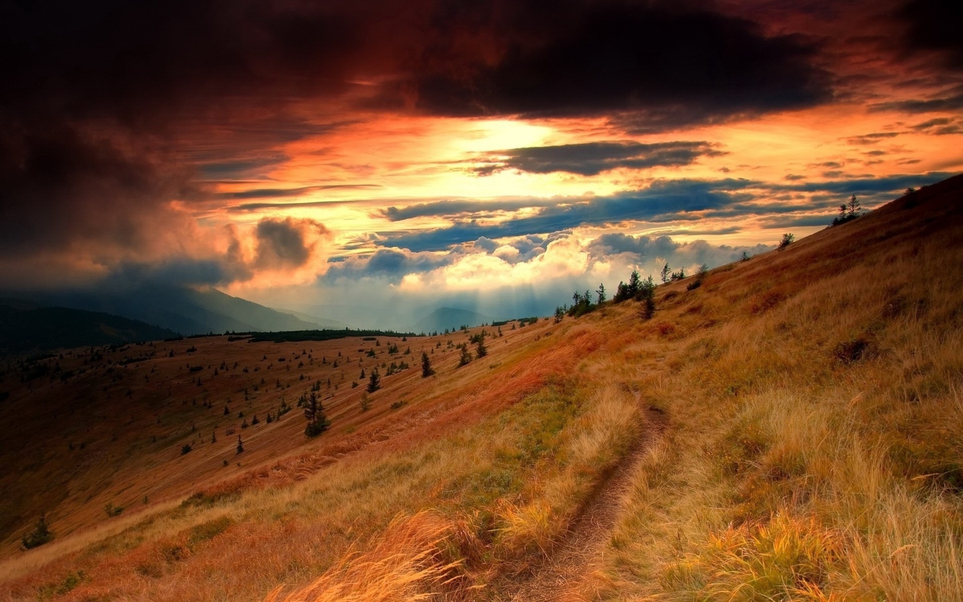 nature, Landscapes, Mountains, Hills, Grass, Hdr, Trees, Sky, Clouds, Sunset, Sunrise, Glow, Color, Scenic, Path, Track, Trail Wallpaper