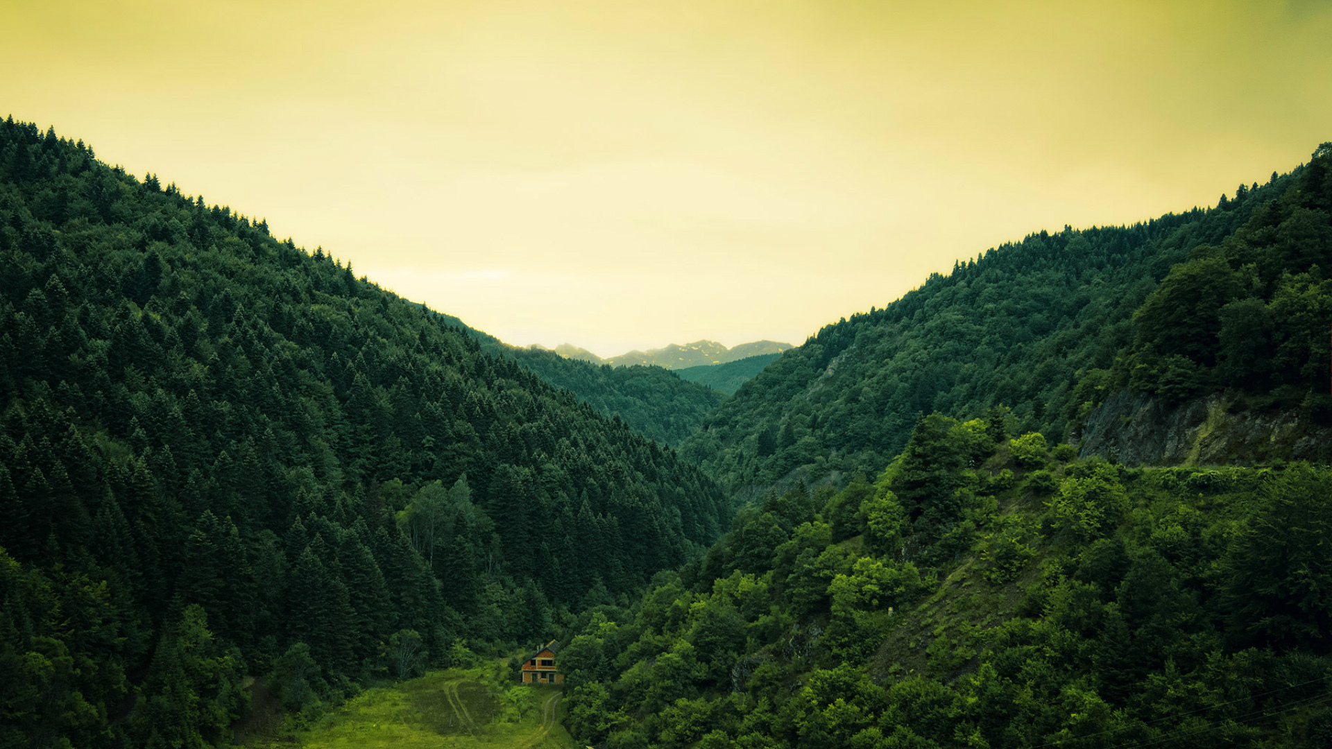 nature, Mountains, Trees, Forest, Valley, Green, Sky, Clouds, World, Architecture, Houses, Buildings, Cabin Wallpaper