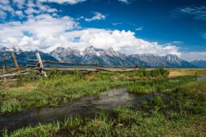 grand, Teton, National, Park, Nature, Landscapes, Meadow, Fields, Rivers, Streams, Water, Reflection, Grass, Fence, Mountains, Snow, Peaks, Sky, Clouds, Scenic