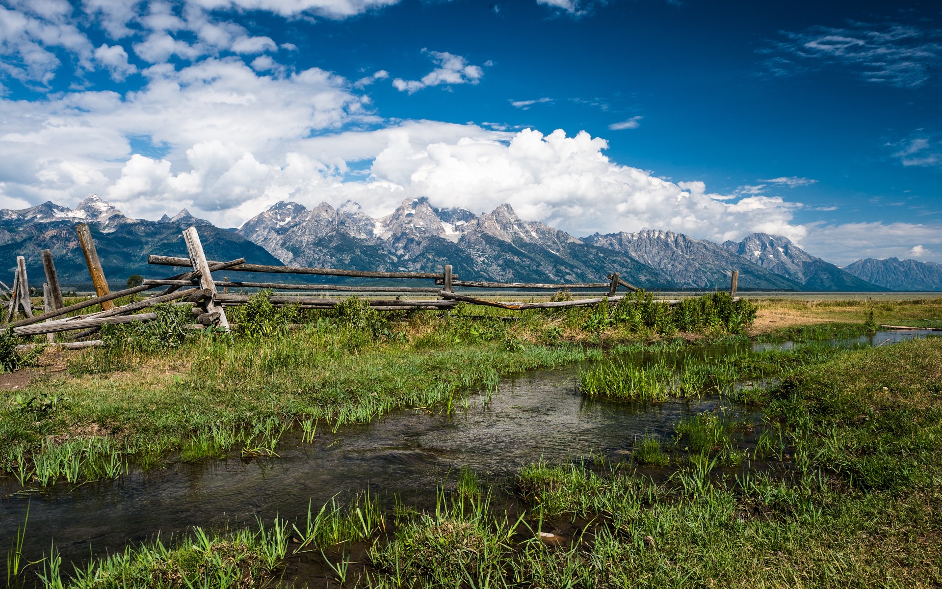 grand, Teton, National, Park, Nature, Landscapes, Meadow, Fields, Rivers, Streams, Water, Reflection, Grass, Fence, Mountains, Snow, Peaks, Sky, Clouds, Scenic Wallpaper