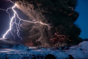 nature, Landscapes, Mountains, Volcano, Smoke, Explosion, Lightning, Snow, Fire, Flames, Night, Stars