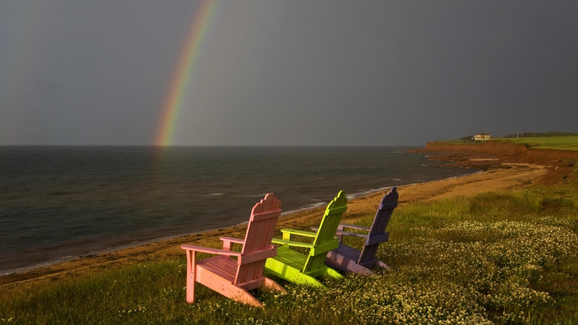 nature, Landscapes, Nature, Beaches, Ocean, Sea, Lakes, Water, Storm, Rain, Rainbow, Color, Chairs, Bokekscenic, View, Grass, Scenic Wallpaper