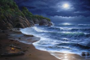 nature, Beaches, Landscapes, Waves, Ocean, Sea, Seascape, Cliff, Trees, Tropical, Sky, Clouds, Moon, Moonlight, Art, Artistic, Paintings
