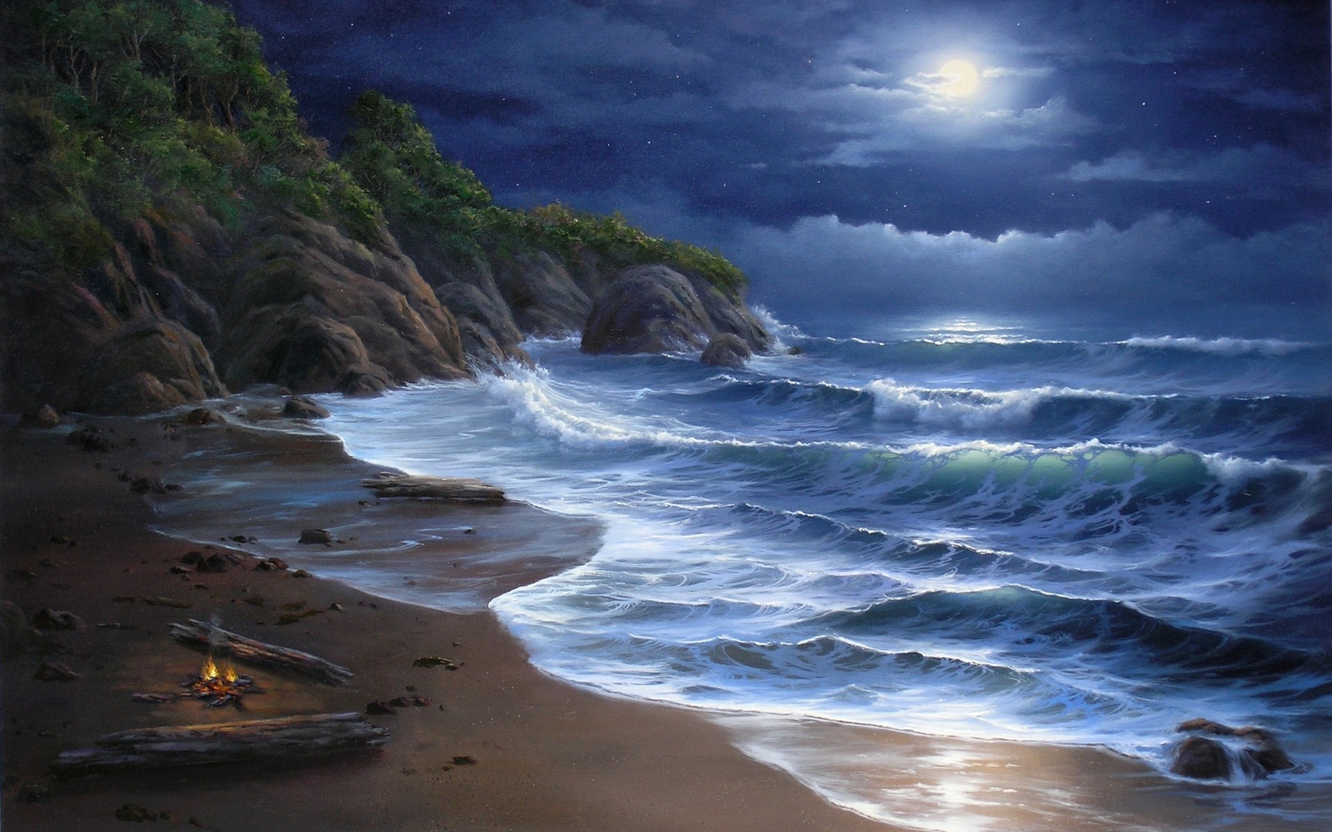 nature, Beaches, Landscapes, Waves, Ocean, Sea, Seascape, Cliff, Trees, Tropical, Sky, Clouds, Moon, Moonlight, Art, Artistic, Paintings Wallpaper